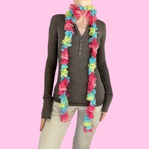 Y2K Pink Blue Green Knit Ruffle Skinny Scarf
